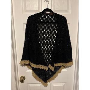 Barami loose crochet black tan shawl one size 1563-G